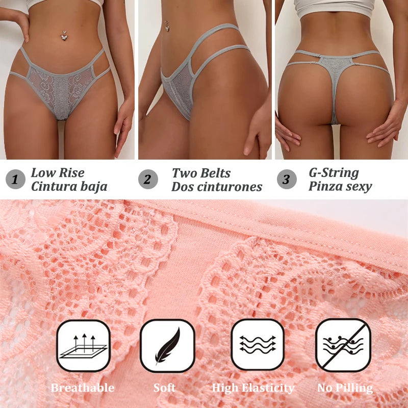 3PCS Sexy Lace Thongs Women Perspective Bikini Underpants S-XL Low-Rise G-string Underwear for Female Hollow Out Ladies Lingerie