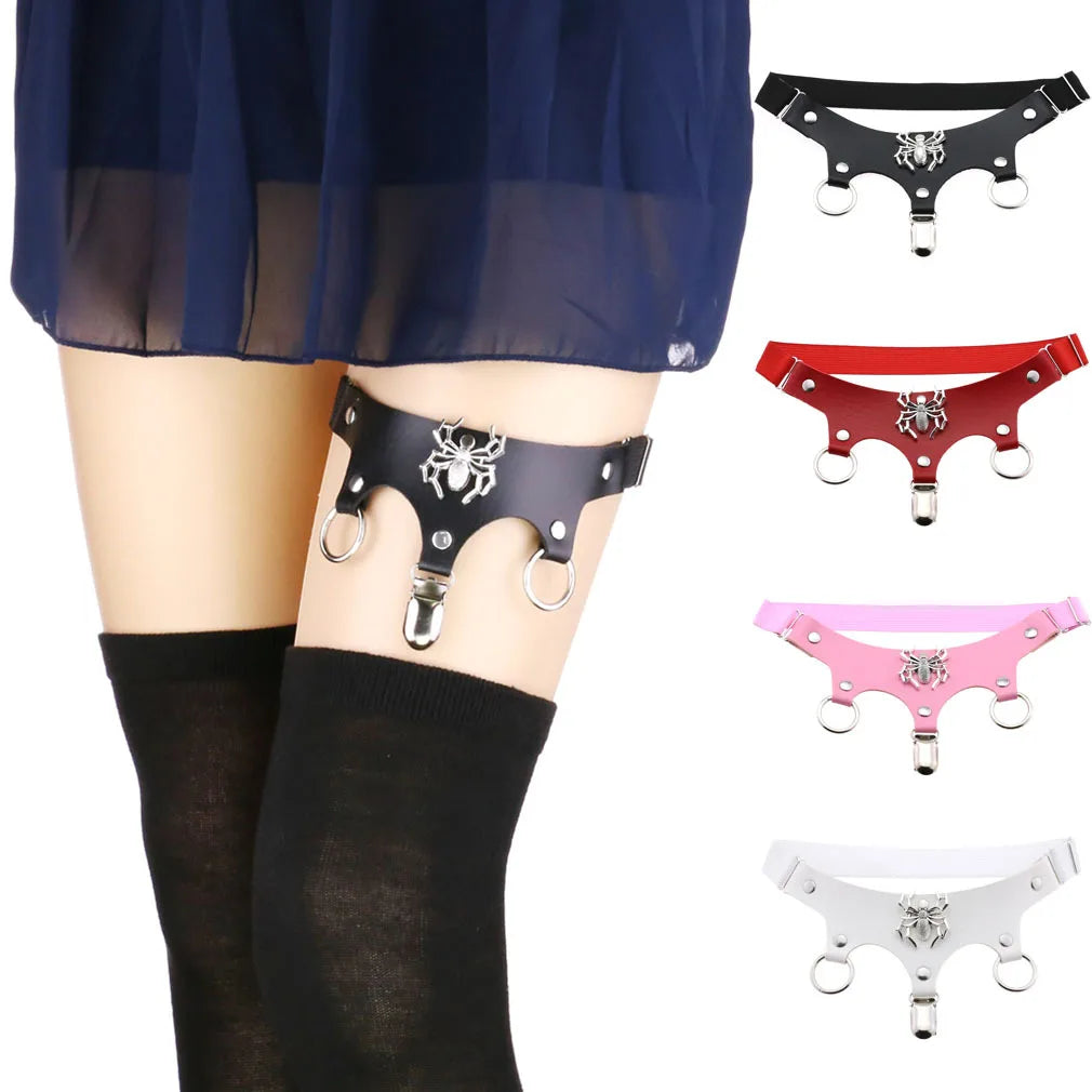 Women Sexy Rock Pub Punk Garter Belt Rivets Leg Ring Thigh Harness Heart Black PU Leather Vintage Suspenders Girls Body Jewelry