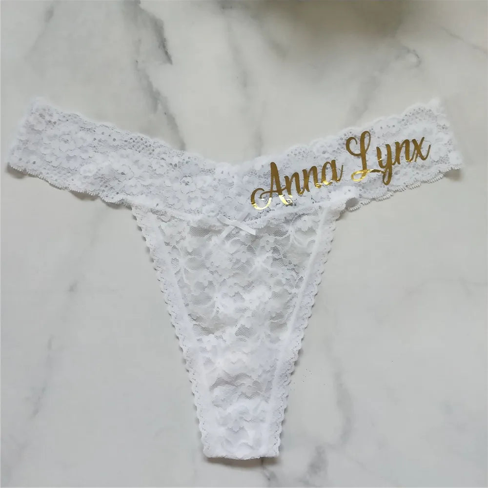 New Personalized Sexy Lace Thong Custom Name Underwear for Women Gold Printed Ladies Panties Female Lace Lingerie Party Gifts