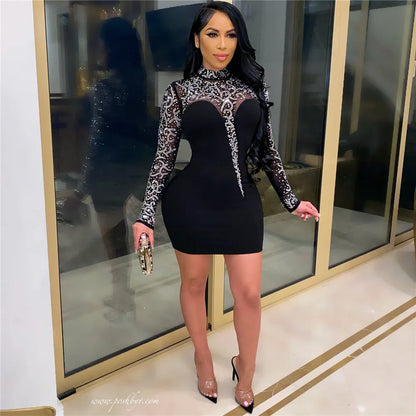 Sheer Mesh Patchwork Rhinestone Party Club Bodycon Mini Dress for Women Long Sleeve Elegant Birthday Night Sexy Tight Dresses