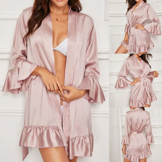 Sexy Robe Satin Silk Pajamas Kimono Women Solid Color Nightdress Lingerie Bride Wedding Robe Underwear Sleepwear Lady Bathrobe