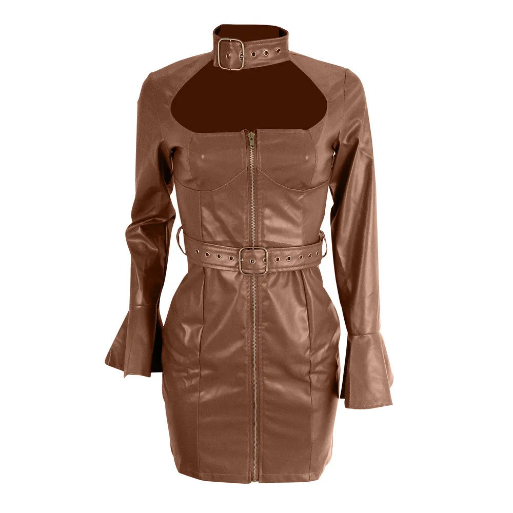 Robe en Faux cuir PU pour femmes, Sexy, avec ceinture, élégante, manches longues évasées, fermeture éclair, moulante, courte, soirée, Mini Club, robes