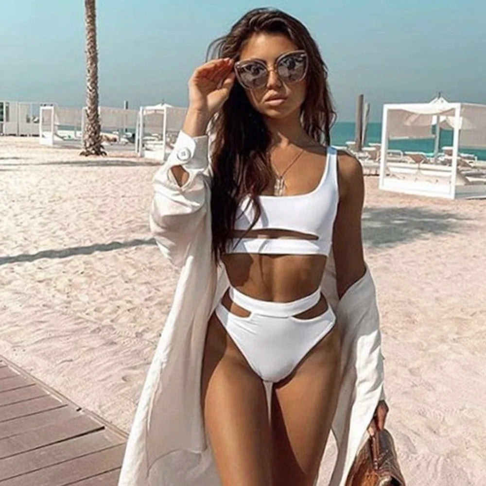 ZTVitality Solid Sexy Bikinis High Waist Bikini 2021 Hot Sale Asymmetry Straps Hollow Out Swimsuit Female Swimwear Women Biquini