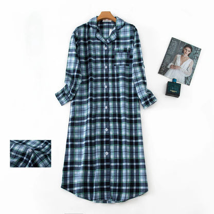 สุภาพสตรีผ้าฝ้าย 100% Nightgown PLUS ขนาด Nightdress แขนยาว Flannel ลายสก๊อตพิมพ์ผู้หญิงชุดนอน Nightshirt ปุ่ม Nightie