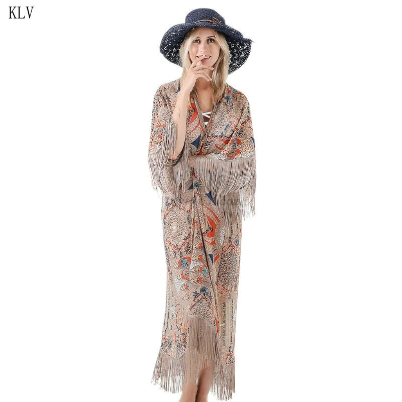 2021 Retro Printed Half Sleeve Chiffon Cardigan Kimono Boho Fringed Tassels Bikini Cover Up Ankle Length Cape Beach Swimsuit