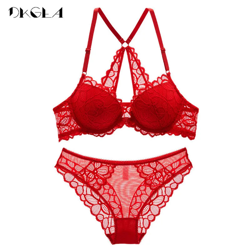 Front Closure Bras Lace Underwear Set Sexy Deep V Brassiere Thick Push Up Bra Panties Sets Embroidery Purple Women Lingerie Set