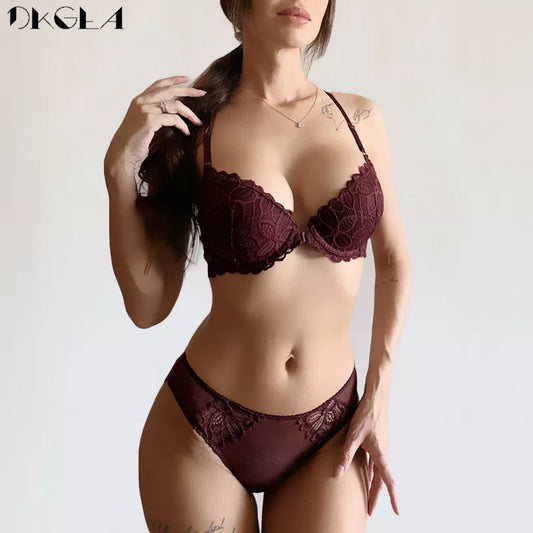 Ensemble de sous-vêtements en dentelle avec fermeture frontale, soutien-gorge Sexy en V profond, épais, Push-Up, culotte, broderie violette, ensemble de Lingerie pour femmes