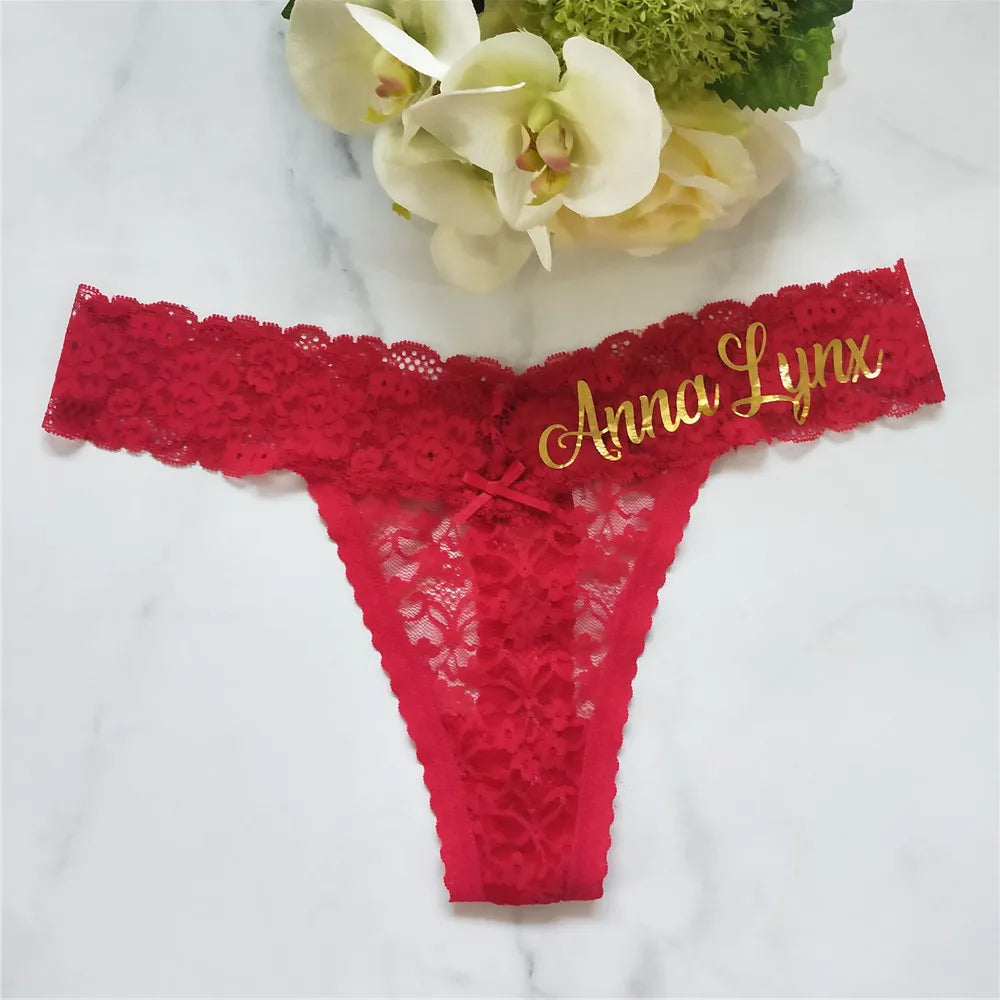 New Personalized Sexy Lace Thong Custom Name Underwear for Women Gold Printed Ladies Panties Female Lace Lingerie Party Gifts