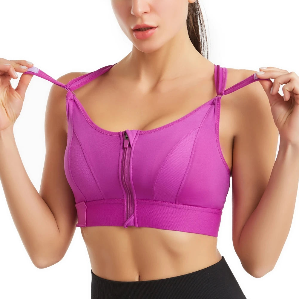 New Womens Front Zipper Top Sports Bras Underwear Shockproof Fitness Push up Athletic Running Sport Bras