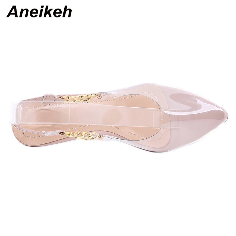 Aneikeh NEW Spring Fashion PVC Women's Pumps 2024 Sexy Chain Thin Heels Pointed Toe Slingbacks Ladies Shoes Botines Mujer 35-41