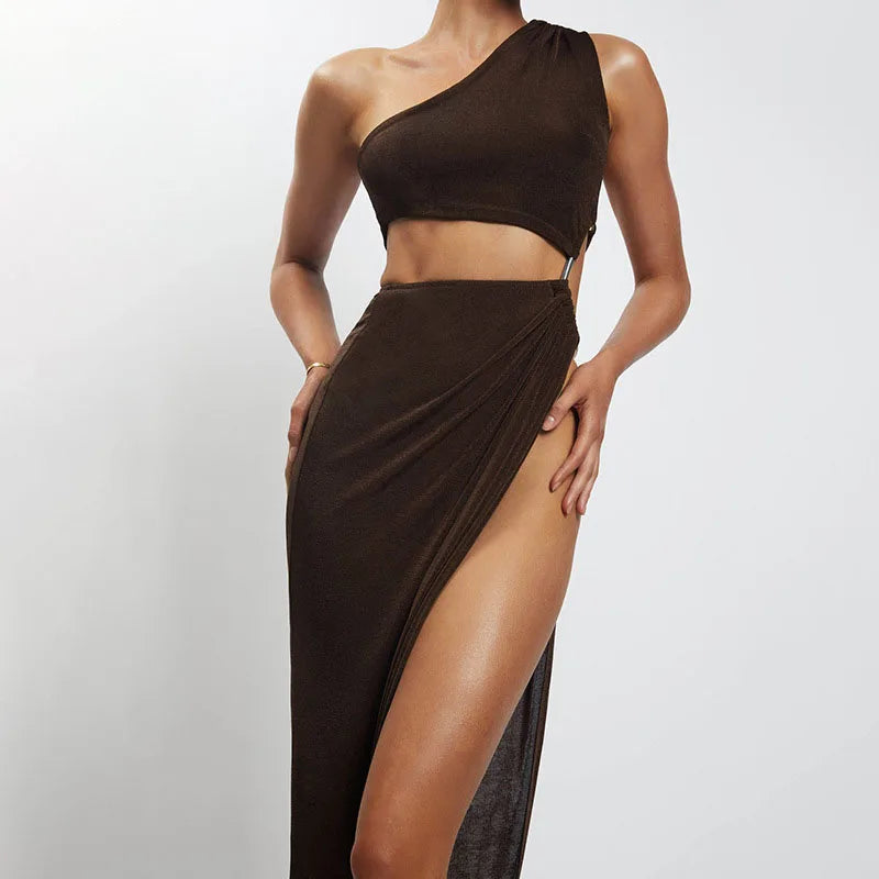 2022 Summer Women Sexy Hollow Out Maxi Dress Spring Solid Sleeveless Split Dress One Shoulder High Waist Bodycon Party Female