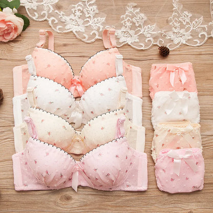 Teenage Girls Floral Underwear Sets Student Wireless Lace Training Bras Bow Panties Sets Cotton Teens Development Clothes