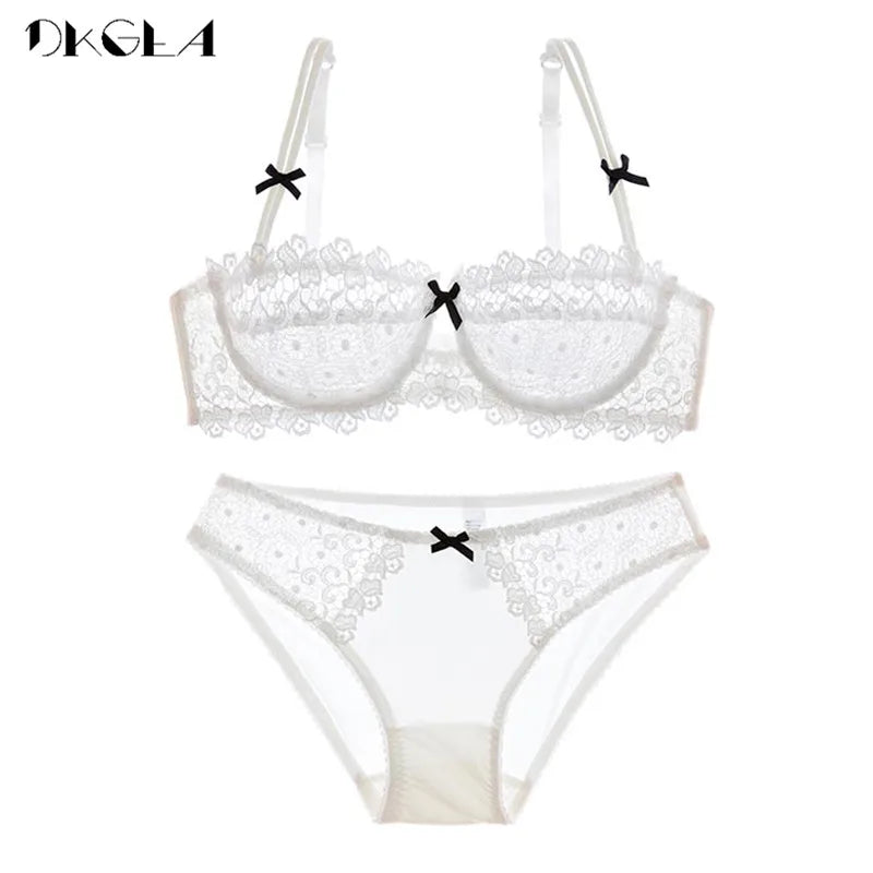 Hollow Underwear Set Lace Bras 1/2 Cup Brassiere White Transparent Sexy Bra Panties Sets Women Plus Size Lingerie Set Embroidery