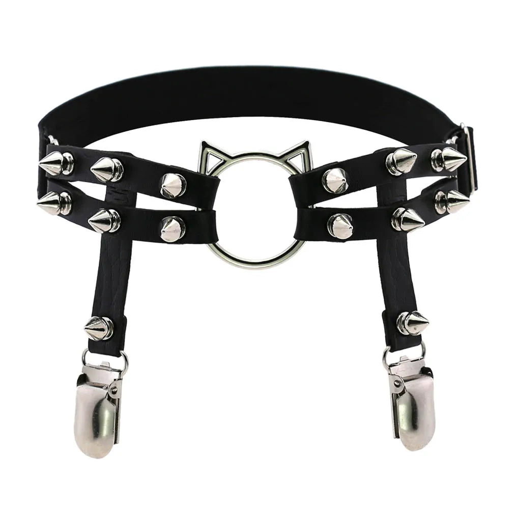 Women Sexy Rock Pub Punk Garter Belt Rivets Leg Ring Thigh Harness Heart Black PU Leather Vintage Suspenders Girls Body Jewelry