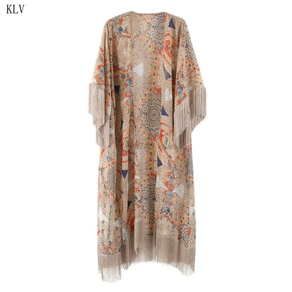 2021 Retro Printed Half Sleeve Chiffon Cardigan Kimono Boho Fringed Tassels Bikini Cover Up Ankle Length Cape Beach Swimsuit