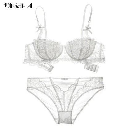 New Half Cup Bra Panties Sets Red Women Lingerie Set Embroidery White Brassiere Thin Cotton Sexy Underwear Set Lace Bra C D Cup