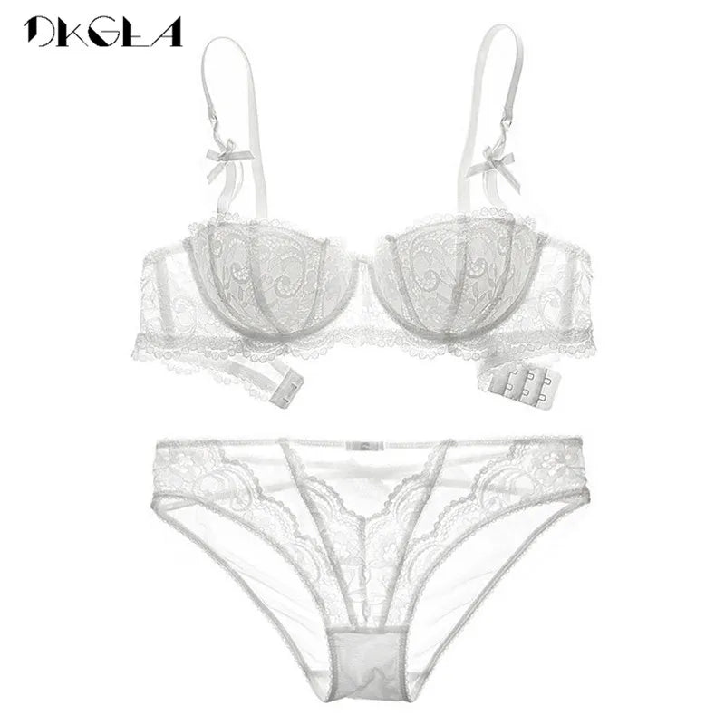 New Half Cup Bra Panties Sets Red Women Lingerie Set Embroidery White Brassiere Thin Cotton Sexy Underwear Set Lace Bra C D Cup