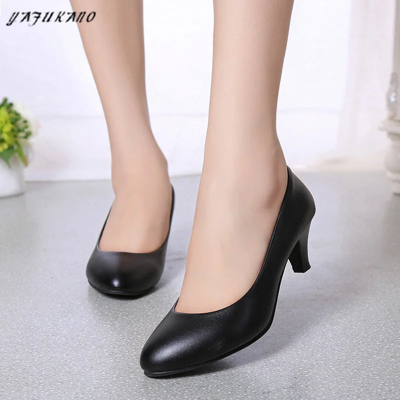 Women Leather Mid Heel Pumps 2023 New High Quality Shoes Classic Black High Heels Shoes for Office Ladies Shoes