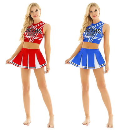 Women Japanese Schoolgirl Cosplay Uniform Girl Sexy Lingerie Sleeveless Crop Top with Mini Pleated Skirt Cheerleader Costume Set