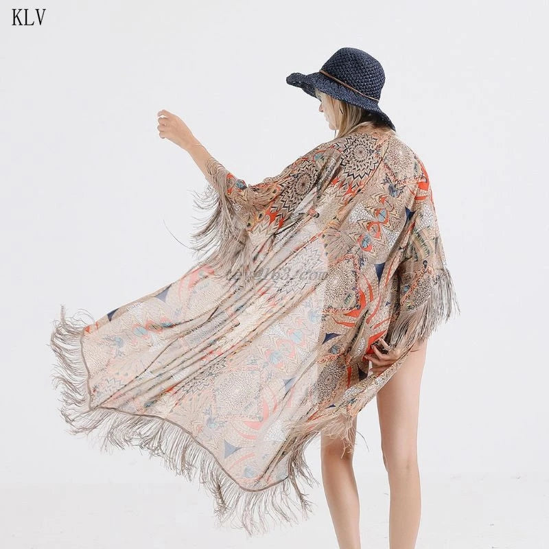 2021 Retro Printed Half Sleeve Chiffon Cardigan Kimono Boho Fringed Tassels Bikini Cover Up Ankle Length Cape Beach Swimsuit