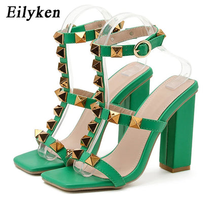 Eilyken New Design Rivet Decoration Women Sandals Summer Fashion Open Toe Ankle Buckle Strap Square High Heels Ladies Shoes