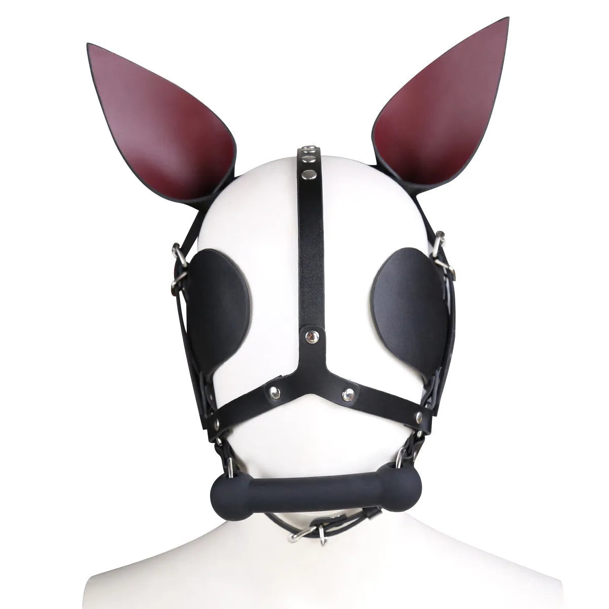 Fetish Leather Harness Head Piece Hood Mask With Silicone Bone Mouth Gag Ears Eye Shade Bit Blindfold For Pony Pet Cosplay Bdsm