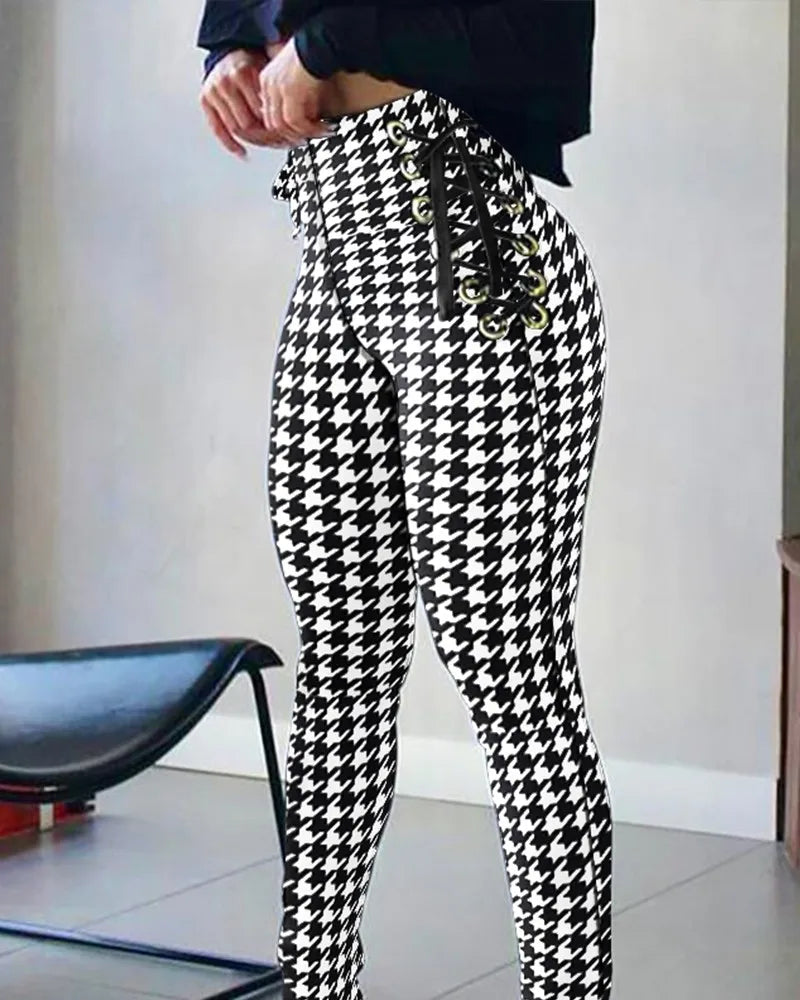 Houndstooth Print High Waist Eyelet Lace-up Skinny Pants