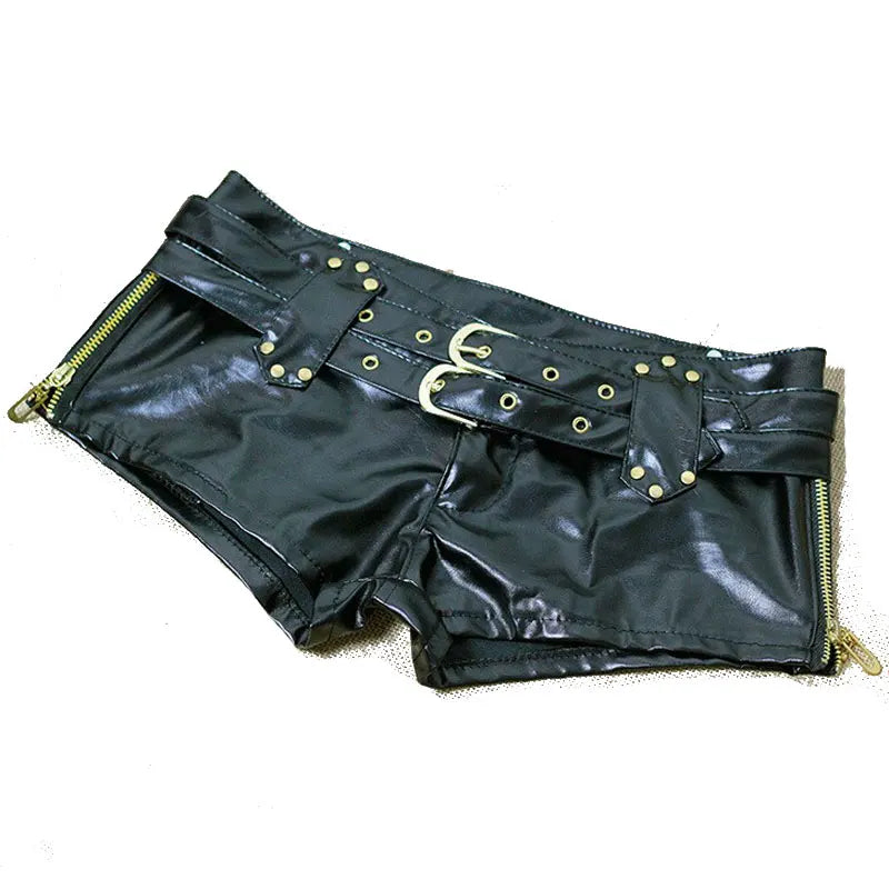 1PCS Sexy Faux Leather Hot Shorts Double Sashes Low Rise Waist Micro MINI Shorts With Zipper Open Night Culb Wear FX1035