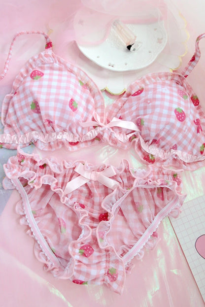 Lolita Women's Cute Strawberry Print Bra & Panties Lingerie Set Japanese Girl Bras Briefs Underwear Set Women Bra and Panty Set