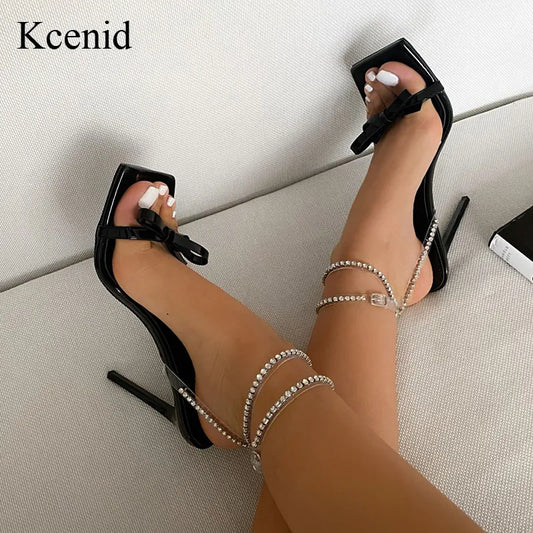 Kcenid New Summer Women High Heels Shoes Bowtie Transparent Rhinestone Sandals Gladiator Sexy Pumps Party Wedding Ladies Shoes