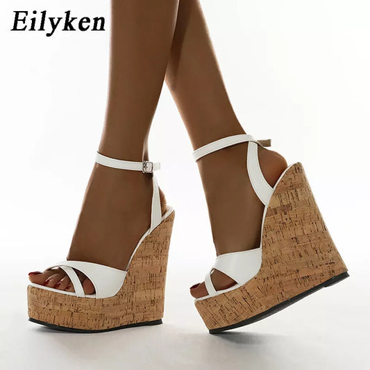 Eilyken Summer White Women's High Heels Hollow Out Sandals Platform Buckle Wedges Front Open Toe Ladies Shoes Size 35-42