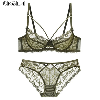 Green Bra and Panties Sets Ultrathin Brassiere Sexy Underwear Set Transparent Bras Plus Size Women Lace Lingerie Set Embroidery