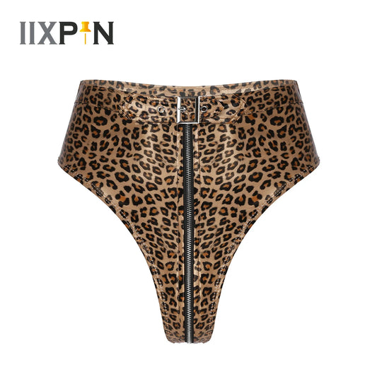 Womens PU Leather Leopard Sexy Clubwear High Cut Front Zip Up Booty Shorts Hot Pants for Night Club Party Rave Sexy Knickers