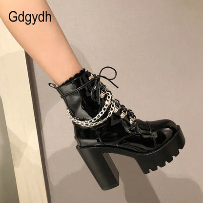 Gdgydh 2022 Autumn Winter Gothic Women Ankle Boots Fashion Metal Chain Patent Leather Female Short Boots Punk Style Ladies Shoes