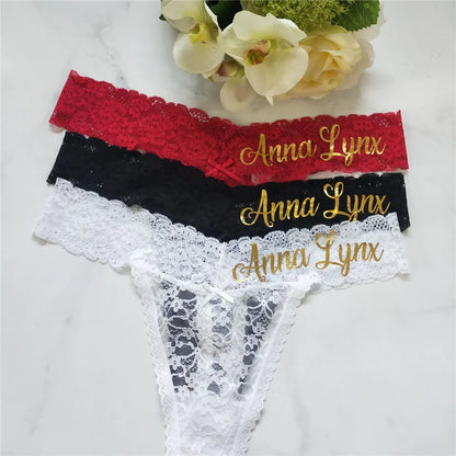 New Personalized Sexy Lace Thong Custom Name Underwear for Women Gold Printed Ladies Panties Female Lace Lingerie Party Gifts