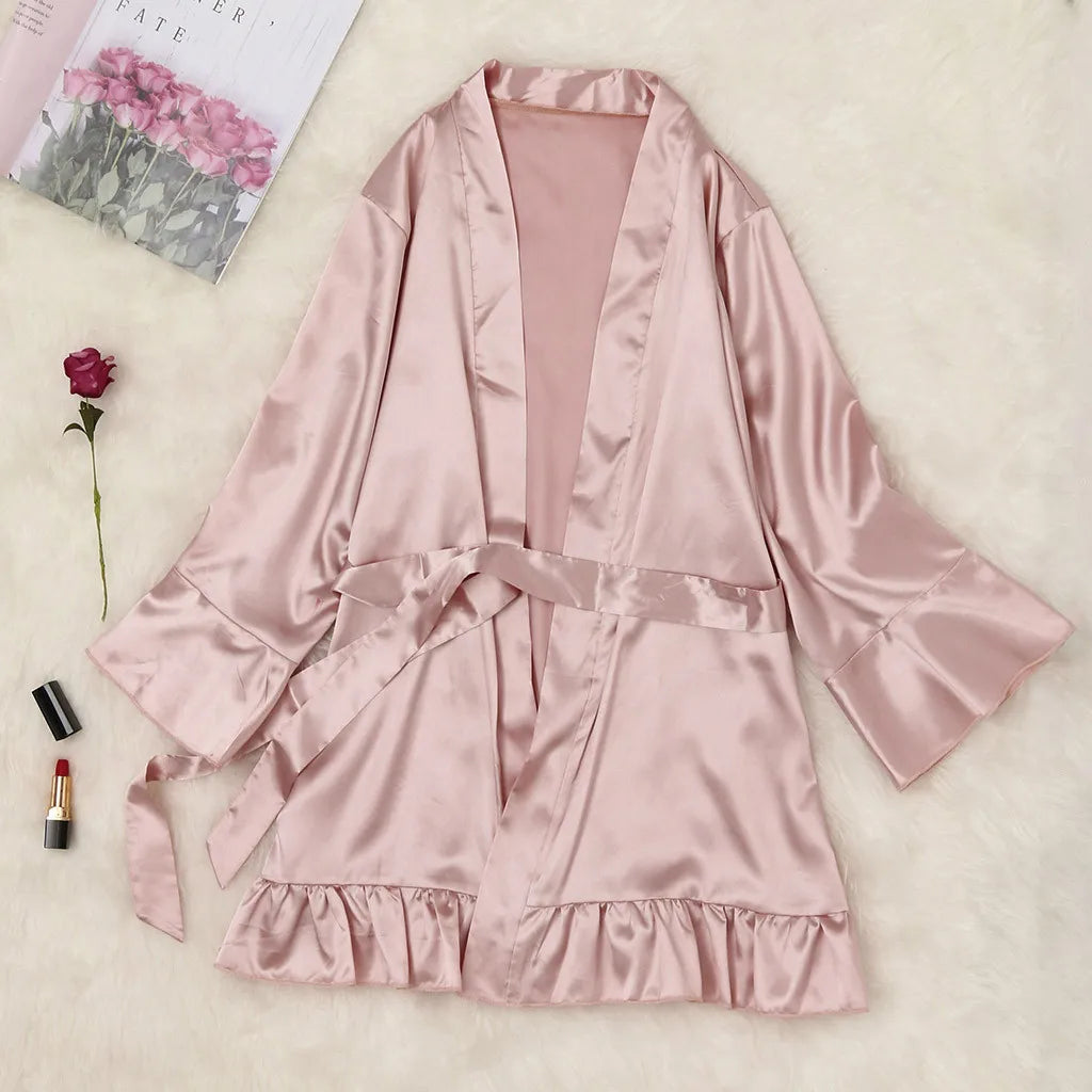 Sexy Robe Satin Silk Pajamas Kimono Women Solid Color Nightdress Lingerie Bride Wedding Robe Underwear Sleepwear Lady Bathrobe