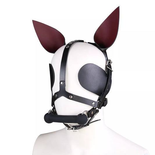 Fetish Leather Harness Head Piece Hood Mask With Silicone Bone Mouth Gag Ears Eye Shade Bit Blindfold For Pony Pet Cosplay Bdsm