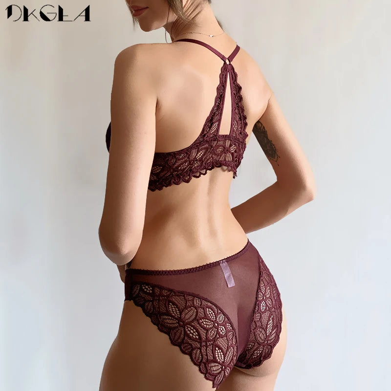 Ensemble de sous-vêtements en dentelle avec fermeture frontale, soutien-gorge Sexy en V profond, épais, Push-Up, culotte, broderie violette, ensemble de Lingerie pour femmes