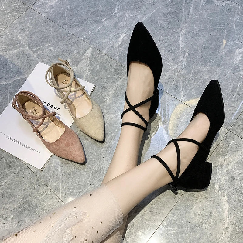 Spring Autumn Women Shoes Black Ankle Strap Flats Ankle Warp Low Heels Ladies Shoes Pointed Toe Flat Shoes zapatos mujer AB247