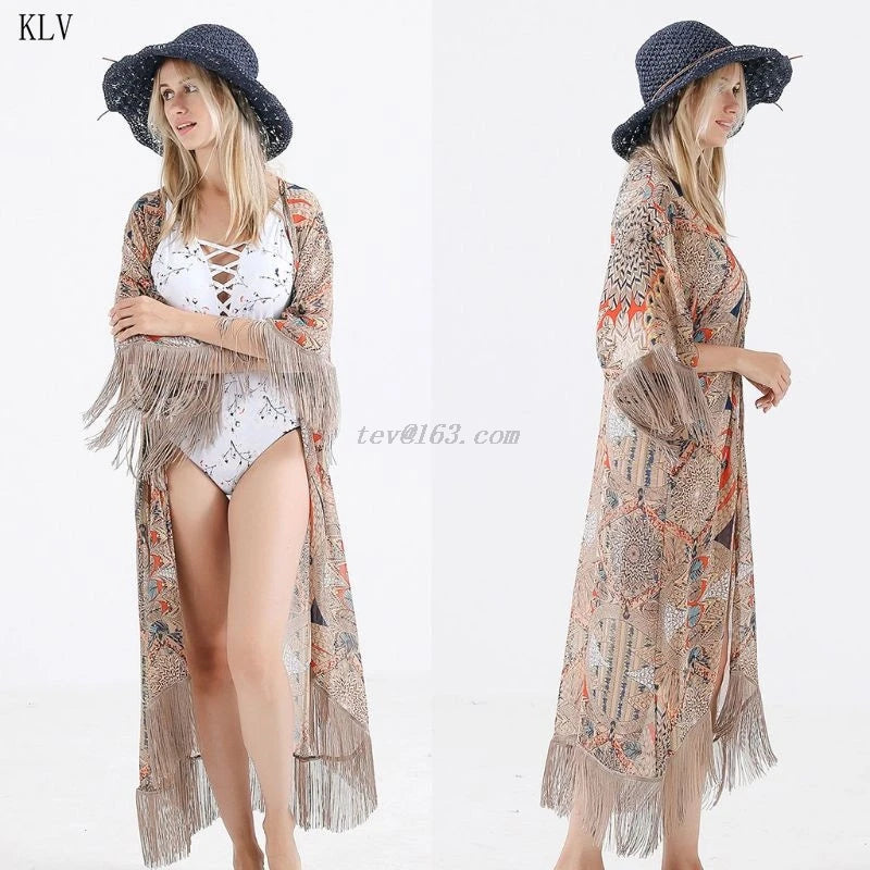 2021 Retro Printed Half Sleeve Chiffon Cardigan Kimono Boho Fringed Tassels Bikini Cover Up Ankle Length Cape Beach Swimsuit