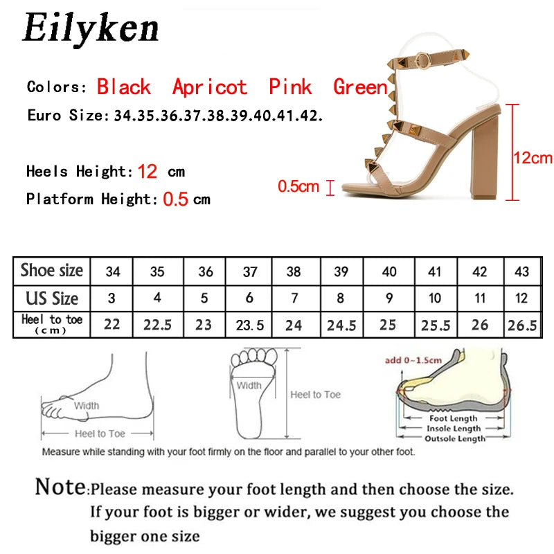 Eilyken New Design Rivet Decoration Women Sandals Summer Fashion Open Toe Ankle Buckle Strap Square High Heels Ladies Shoes