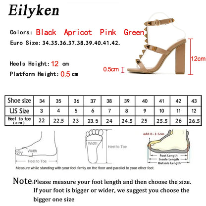 Eilyken New Design Rivet Decoration Women Sandals Summer Fashion Open Toe Ankle Buckle Strap Square High Heels Ladies Shoes