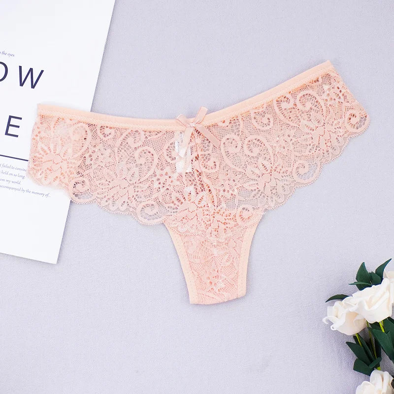 Women's Full Lace Thong  Panties Sexy Tangas See Through Underwear G-String Hollow Out Low Cut Bow Lady Lingerie Five Color