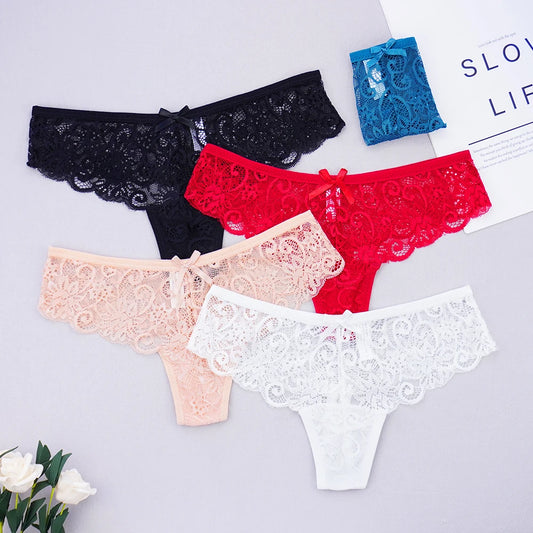 Women's Full Lace Thong  Panties Sexy Tangas See Through Underwear G-String Hollow Out Low Cut Bow Lady Lingerie Five Color