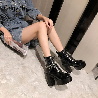 Gdgydh 2022 Autumn Winter Gothic Women Ankle Boots Fashion Metal Chain Patent Leather Female Short Boots Punk Style Ladies Shoes