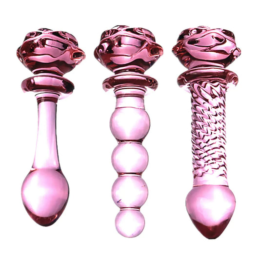 แก้วDildoสีชมพูRoseดอกไม้รูปร่างช่องคลอดAnal Butt Plug Self Comfort Masturbatorเพศของเล่นสำหรับผู้หญิง