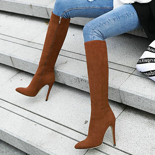 New Ladies Sexy Stiletto High-Heel Knight Boots Faux Suede Zipper Knee High Boots Women Autumn Winter Warm Fashion Women's Shoes