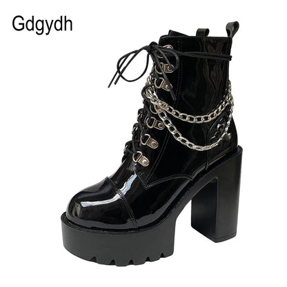 Gdgydh 2022 Autumn Winter Gothic Women Ankle Boots Fashion Metal Chain Patent Leather Female Short Boots Punk Style Ladies Shoes