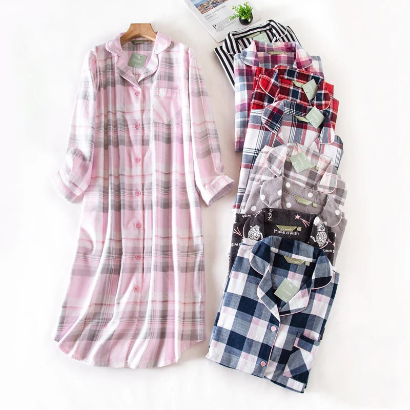 สุภาพสตรีผ้าฝ้าย 100% Nightgown PLUS ขนาด Nightdress แขนยาว Flannel ลายสก๊อตพิมพ์ผู้หญิงชุดนอน Nightshirt ปุ่ม Nightie