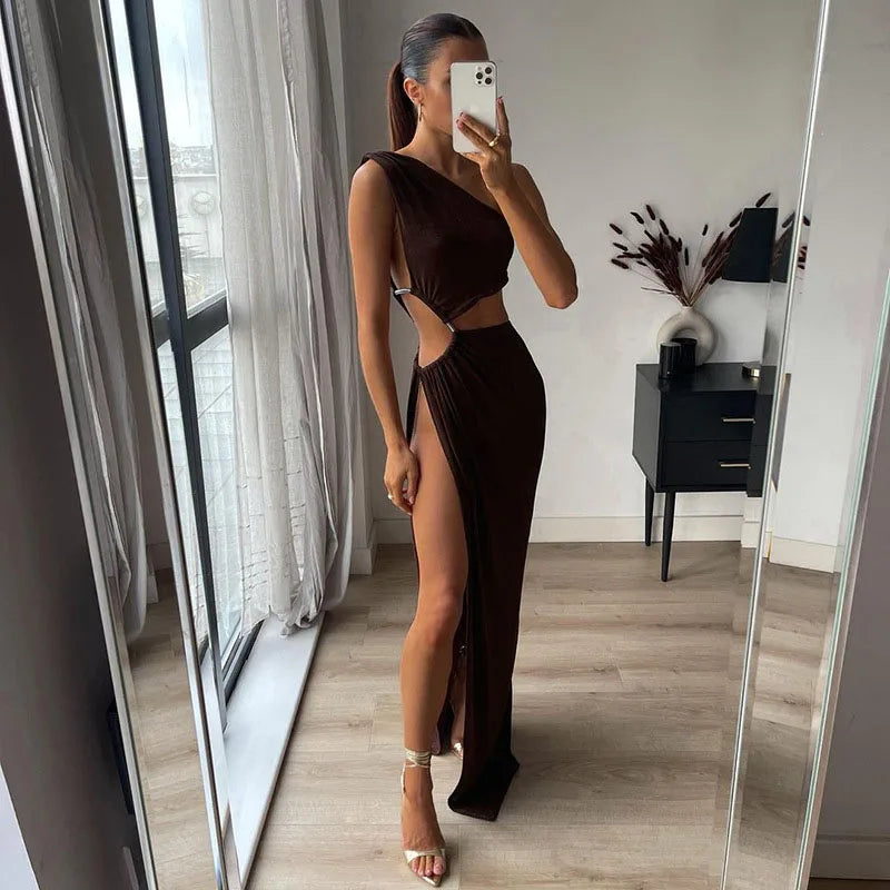 2022 Summer Women Sexy Hollow Out Maxi Dress Spring Solid Sleeveless Split Dress One Shoulder High Waist Bodycon Party Female